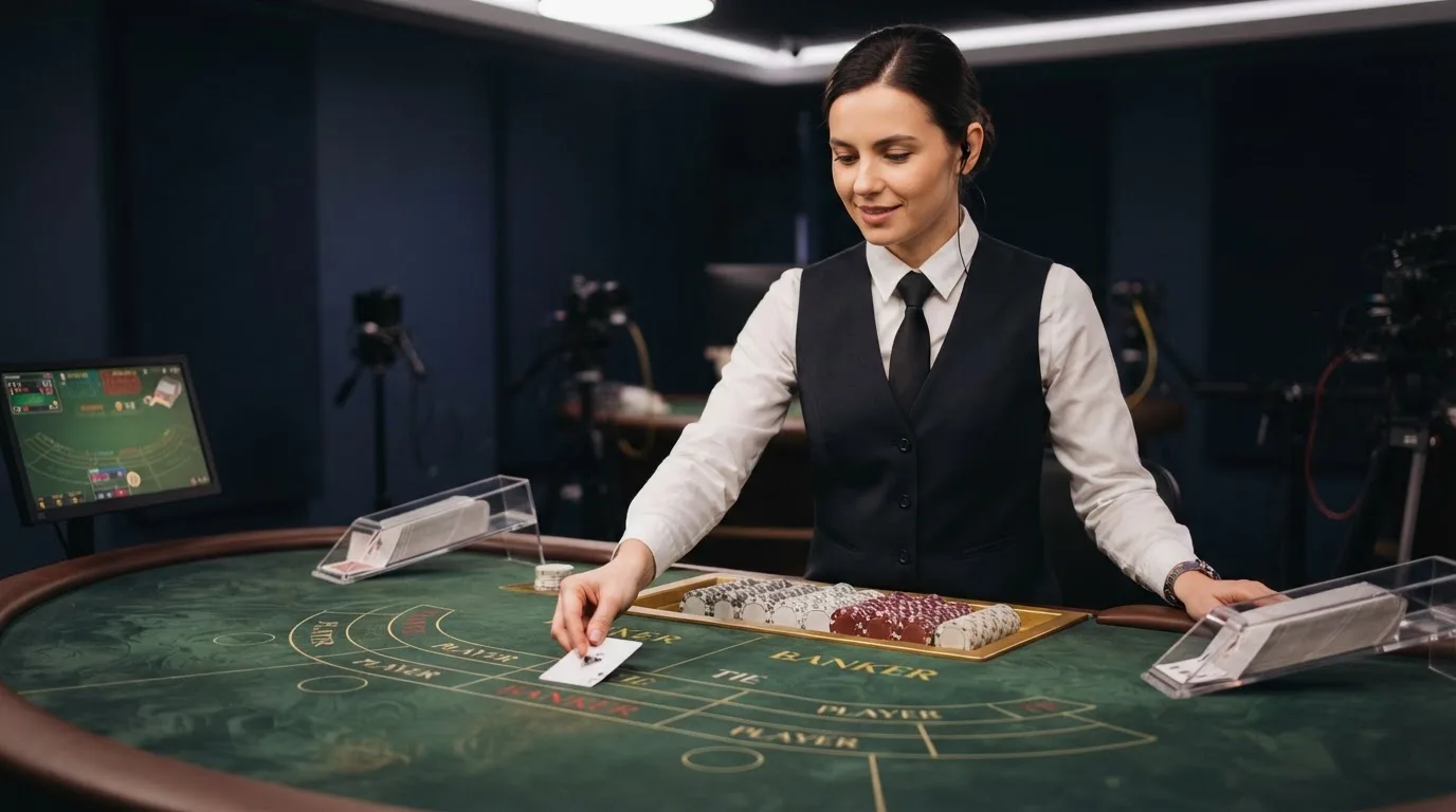 Fotografía de un crupier repartiendo cartas de bacará en un estudio de transmisión en directo, ambiente elegante y profesional.
