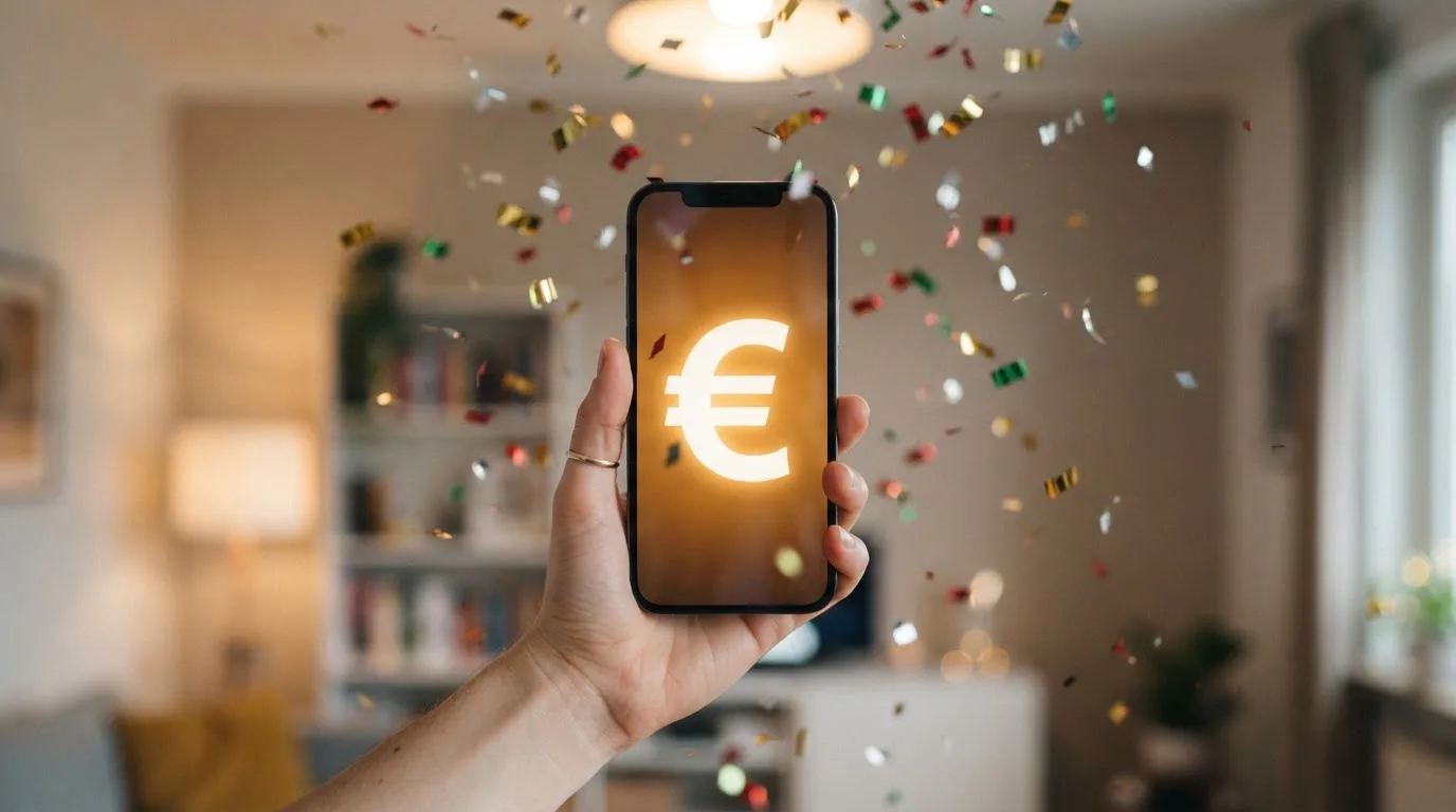 Fotografía de unas manos sujetando un teléfono móvil con confeti cayendo alrededor, transmitiendo la idea de una recompensa.