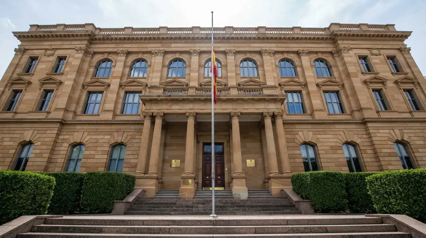 Fotografía de un edificio institucional con fachada de piedra y bandera española, transmitiendo la idea de regulación oficial.