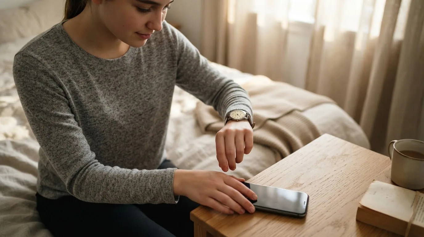 Fotografía de una persona joven mirando su reloj mientras aparta el teléfono, transmitiendo control del tiempo de juego.