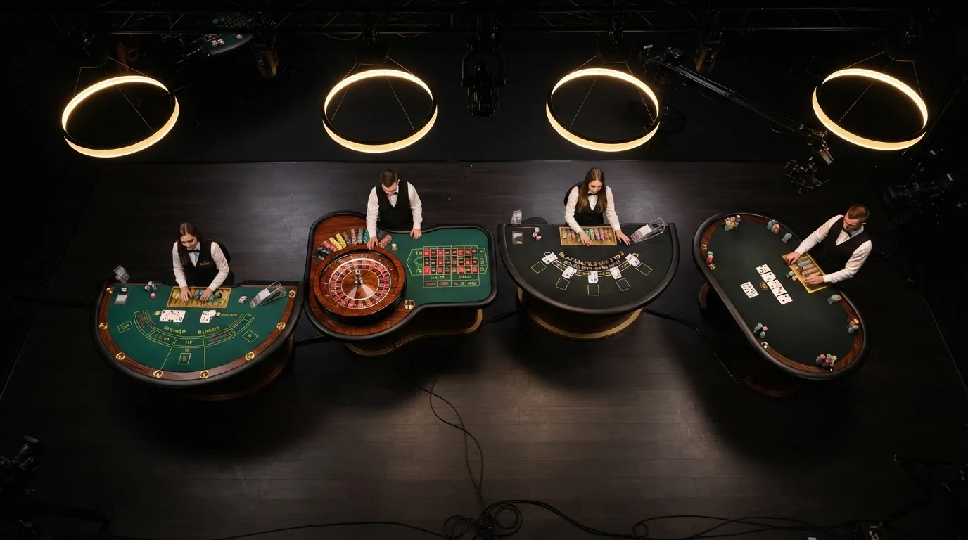 Fotografía de varias mesas de casino en vivo vistas desde arriba, mostrando la diversidad de juegos disponibles en un estudio.